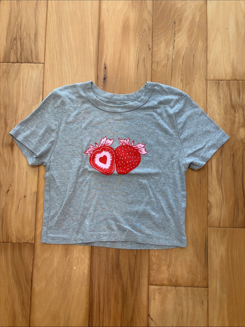 Junk Good Gray Crop Tee with Red Strawberry Graphic
